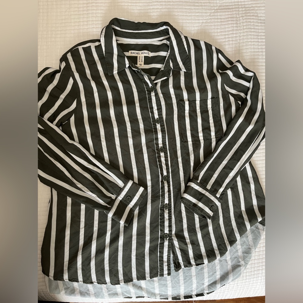 Rachel Hollis Olive and White Striped Button Down Shirt